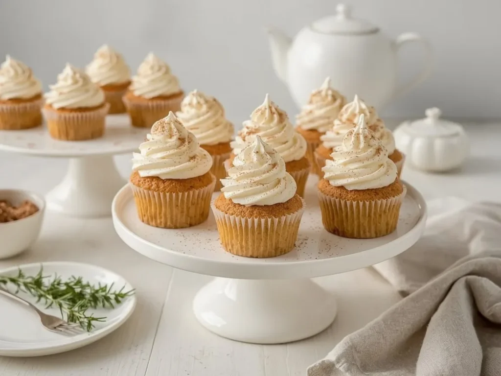 Pumpkin cupcakes with cream cheese frosting on a white cake stand