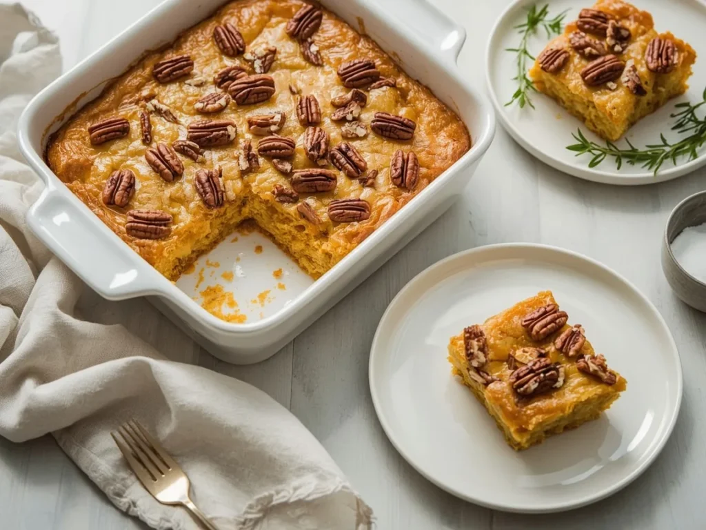 Pumpkin dump cake with pecans and a square showing the pumpkin layer