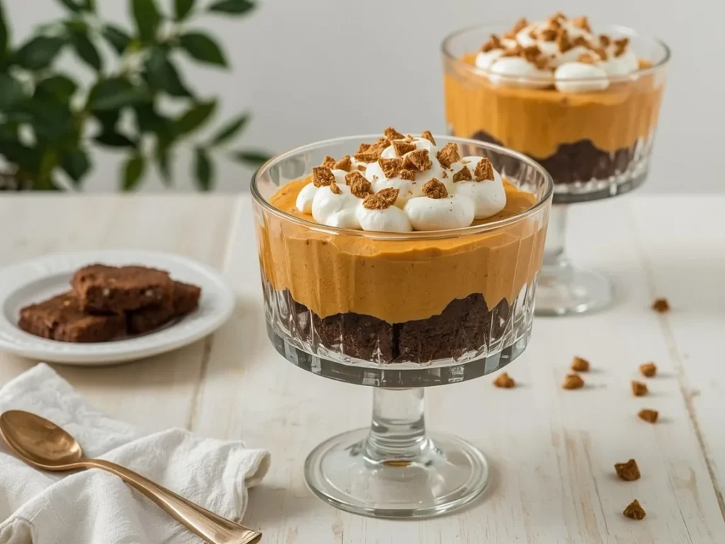 Pumpkin gingerbread trifle with layers of gingerbread and pumpkin mousse
