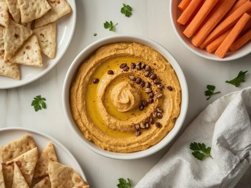 Pumpkin hummus with toasted pepitas and pita chips