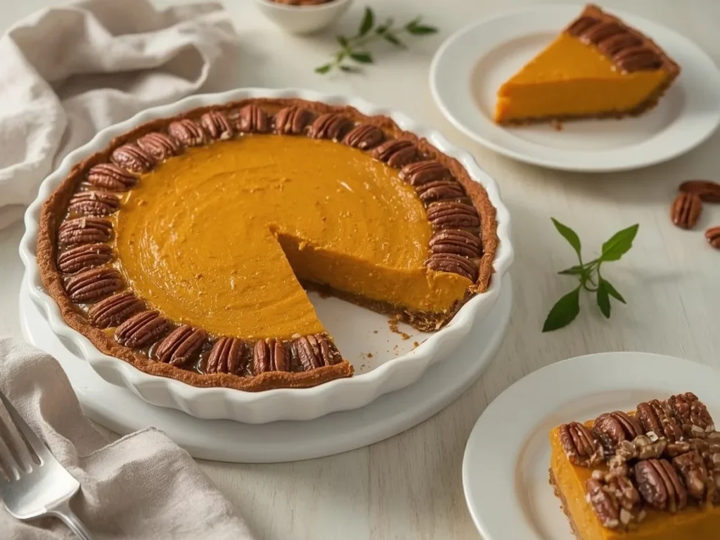 Pumpkin pecan pie slice showing pumpkin and pecan layers