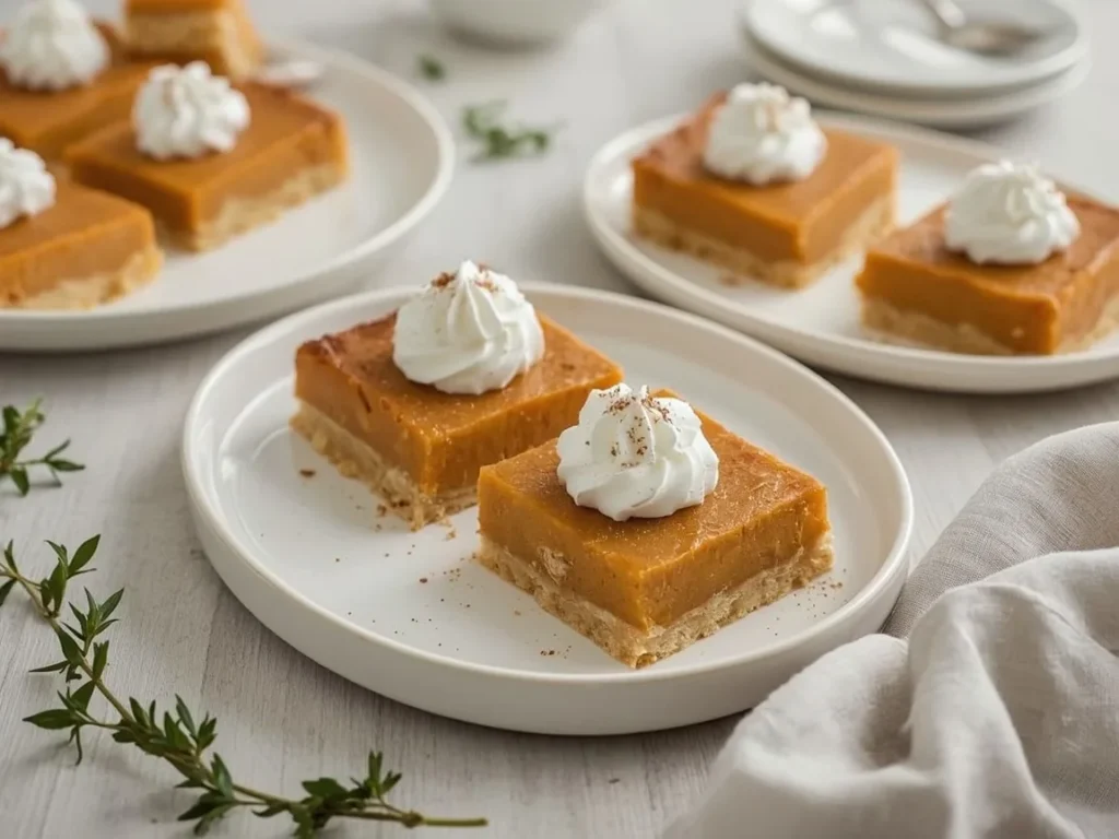 Pumpkin pie bars with shortbread crust topped with whipped cream