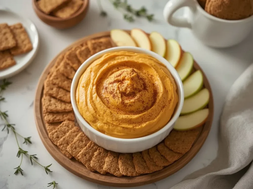 Pumpkin pie dip in a white bowl with gingersnaps, graham crackers and apple slices