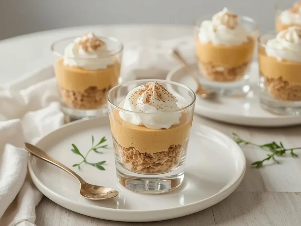Pumpkin pie parfaits with gingersnap layers and whipped cream