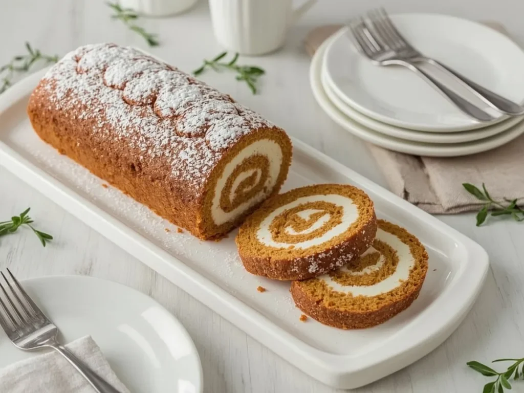 Pumpkin roll with cream cheese filling sliced on a white platter