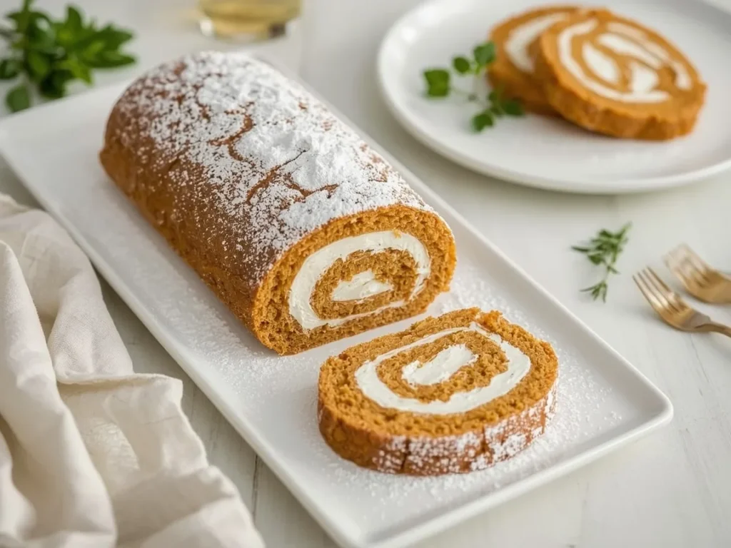 Pumpkin roll with cream cheese filling dusted with powdered sugar