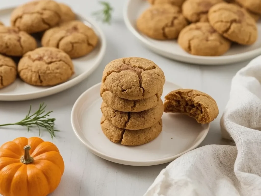 Pumpkin snickerdoodles with cinnamon sugar coating stacked on a white plate