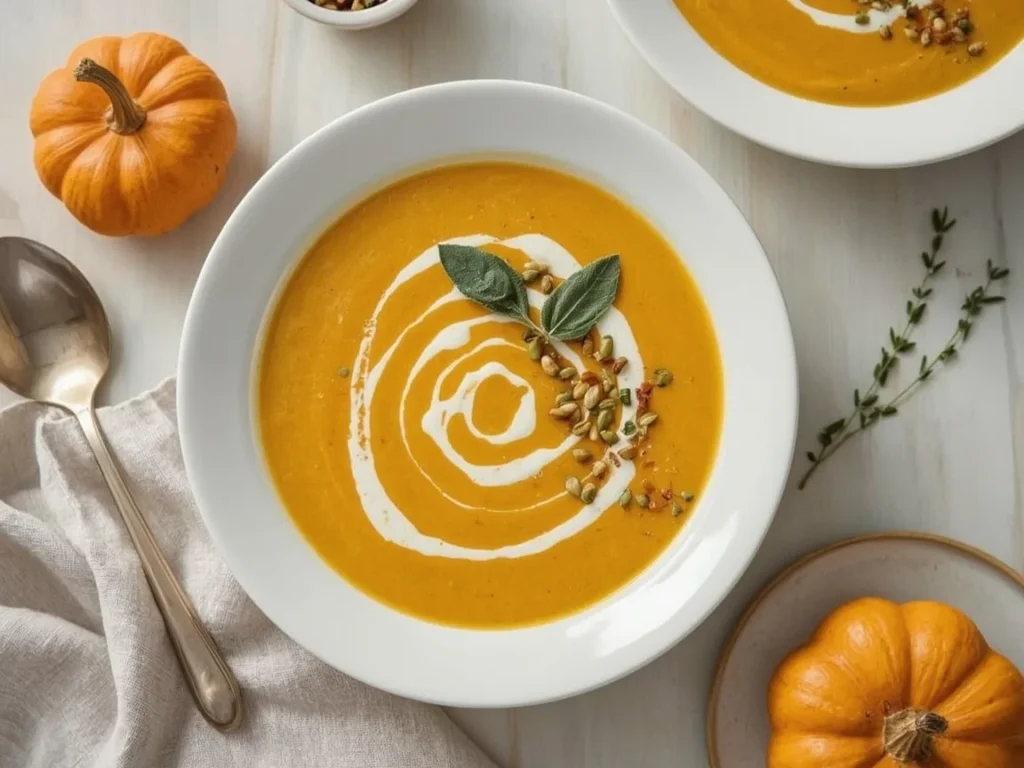 Pumpkin soup topped with cream, toasted pepitas and sage