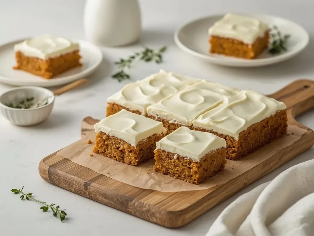 Pumpkin spice cake bars with cream cheese frosting cut into squares