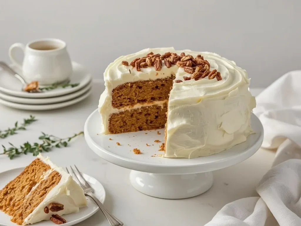 Pumpkin spice layer cake with cream cheese frosting on a cake stand