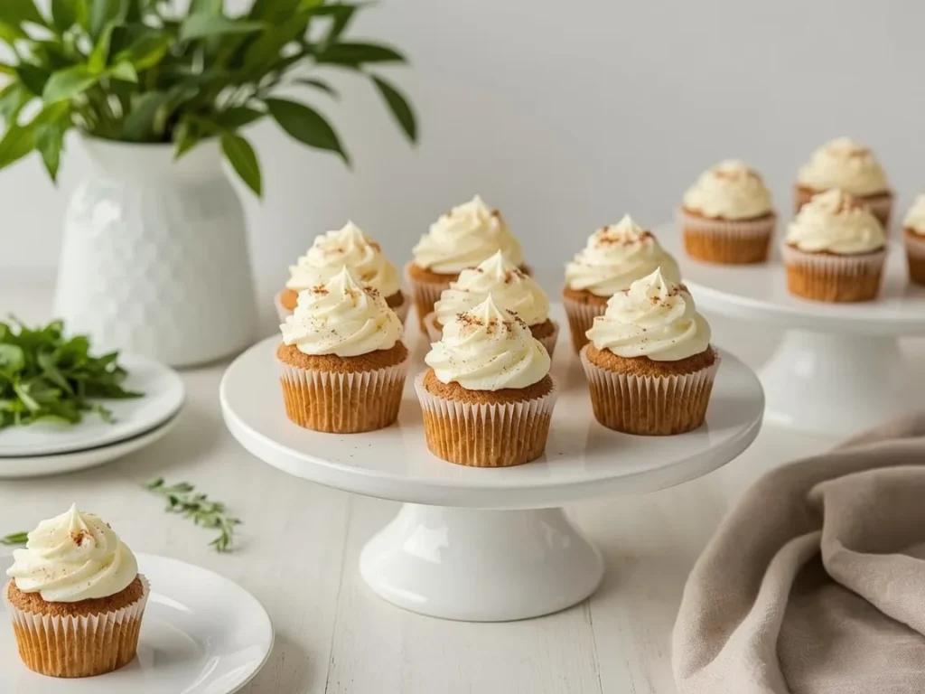 Pumpkin spice cupcakes with cream cheese frosting on a cake stand