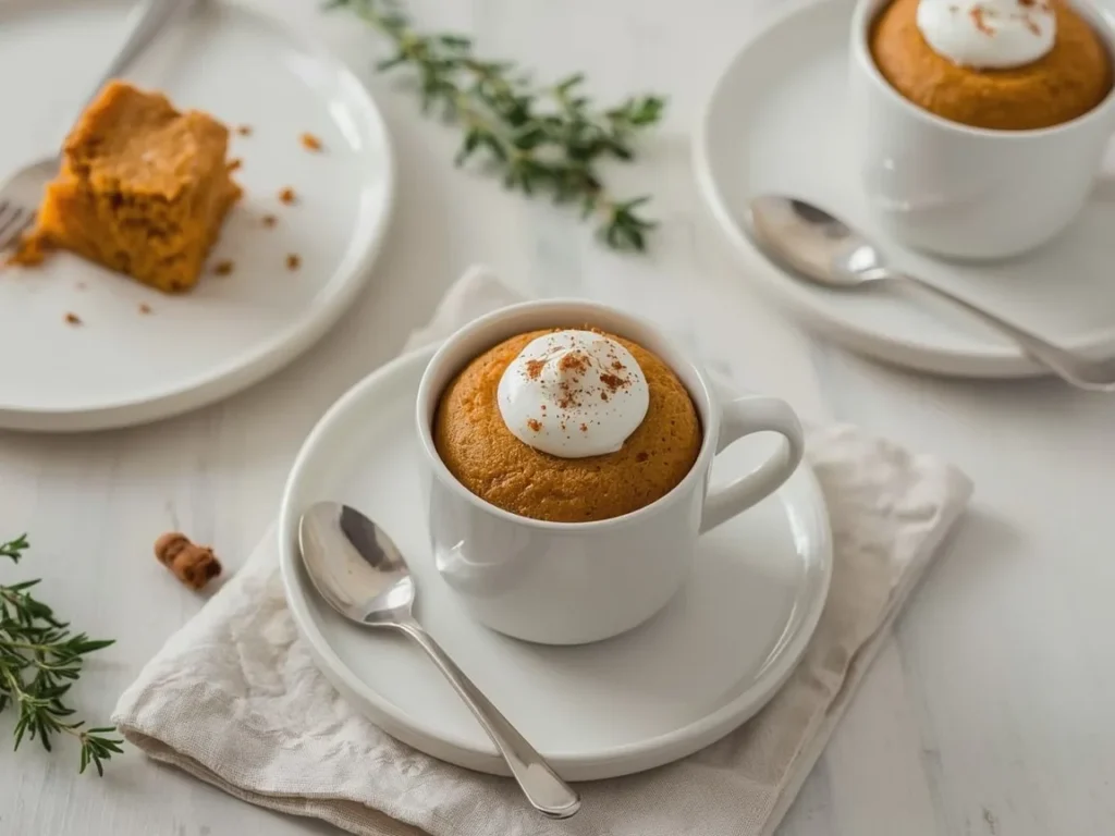 Pumpkin spice mug cake topped with whipped cream and cinnamon