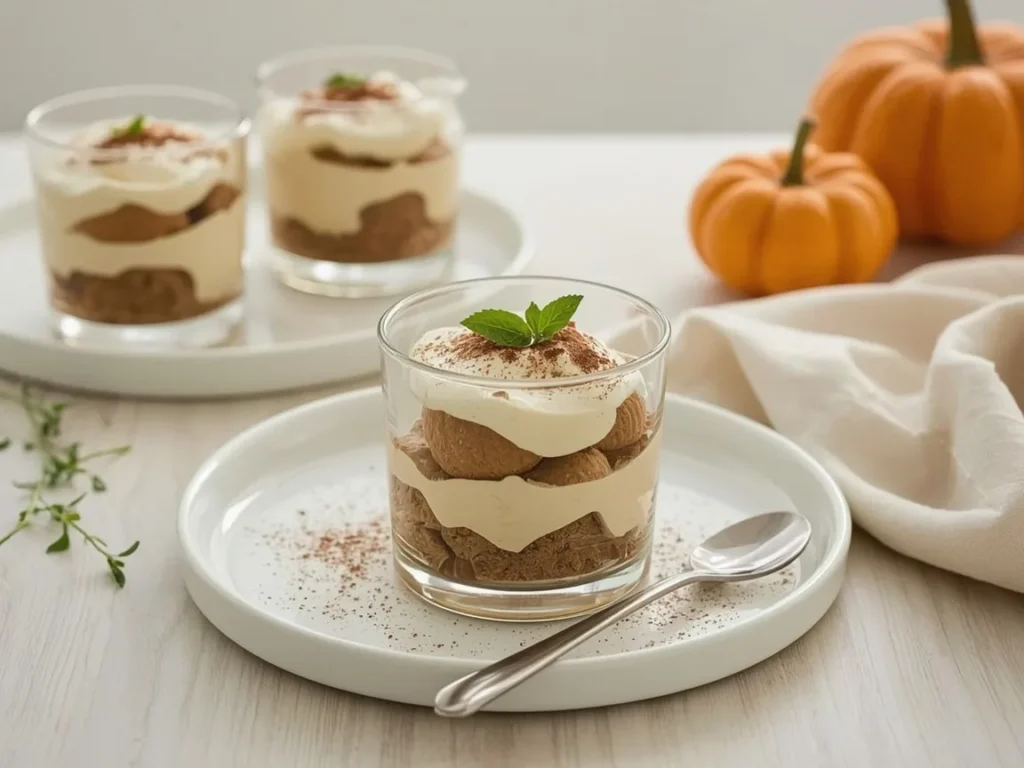 Pumpkin tiramisu cups dusted with cocoa