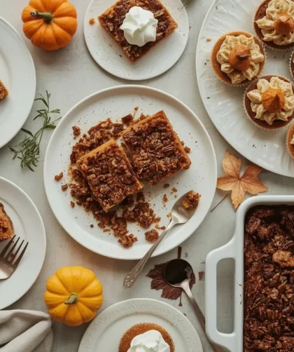Quick Thanksgiving desserts with pumpkin bars, pecan pie bars, pear crisp, mini pies, cupcakes and sheet cake