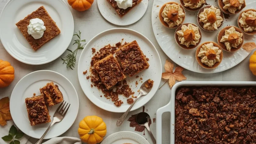 Quick Thanksgiving desserts with pumpkin bars, pecan pie bars, pear crisp, mini pies, cupcakes and sheet cake
