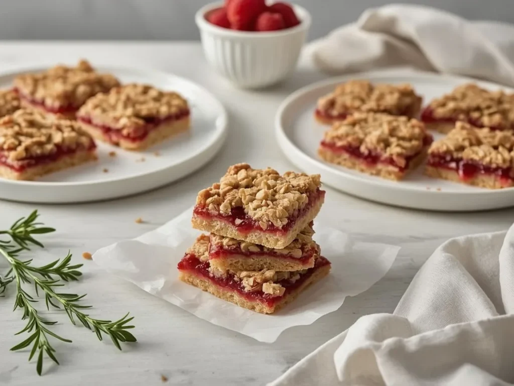 Raspberry crumble bars with jam and oat topping stacked on parchment