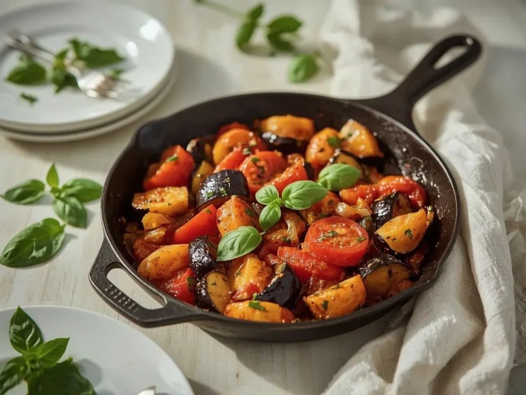 Ratatouille with eggplant, zucchini and peppers garnished with basil