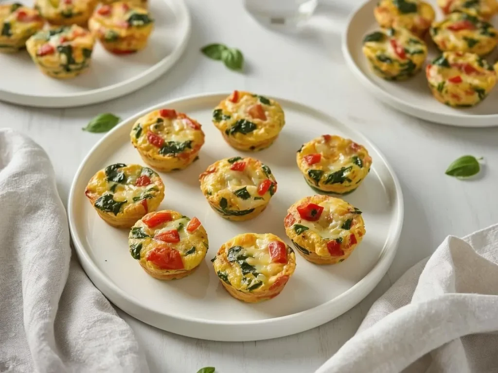 Red pepper and spinach frittata bites on a white platter with basil