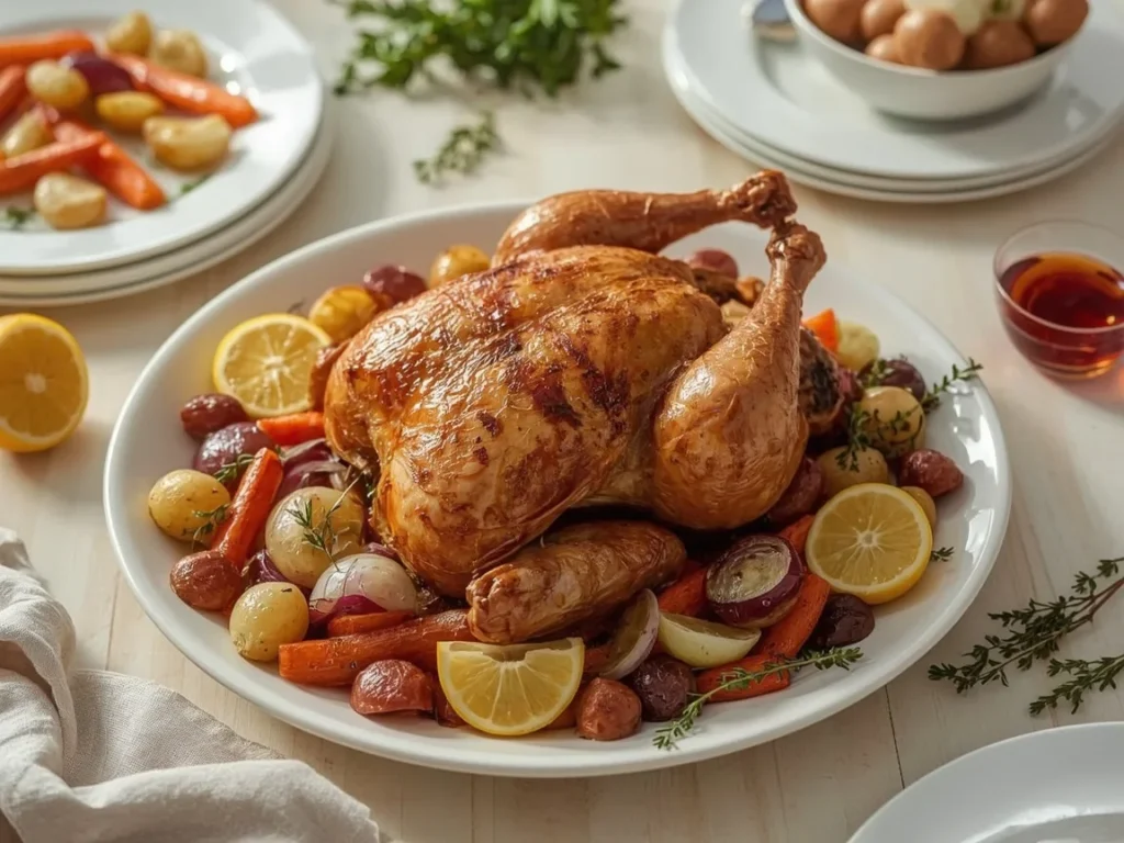 Perfect roast chicken with roasted fall vegetables, lemon and thyme