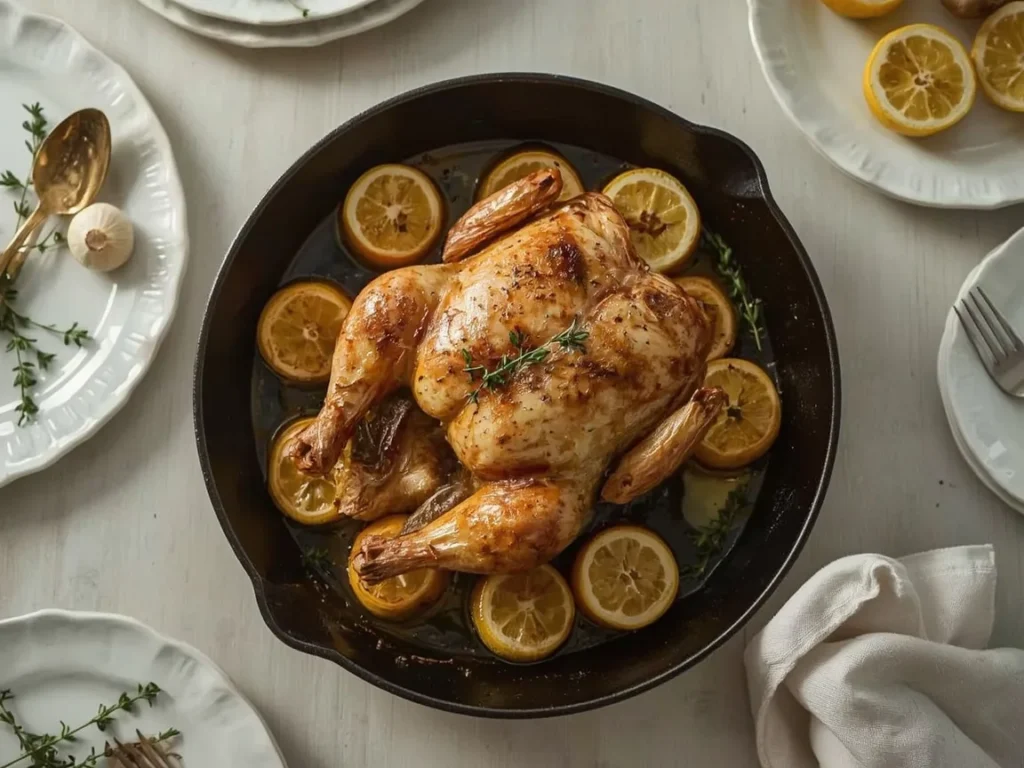 Roast chicken with lemon and garlic in a cast-iron skillet
