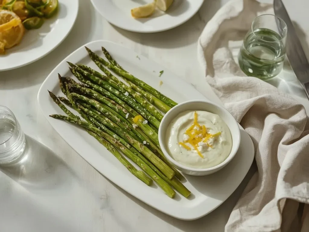 Roasted asparagus spears with a bowl of lemon aioli on a white platter