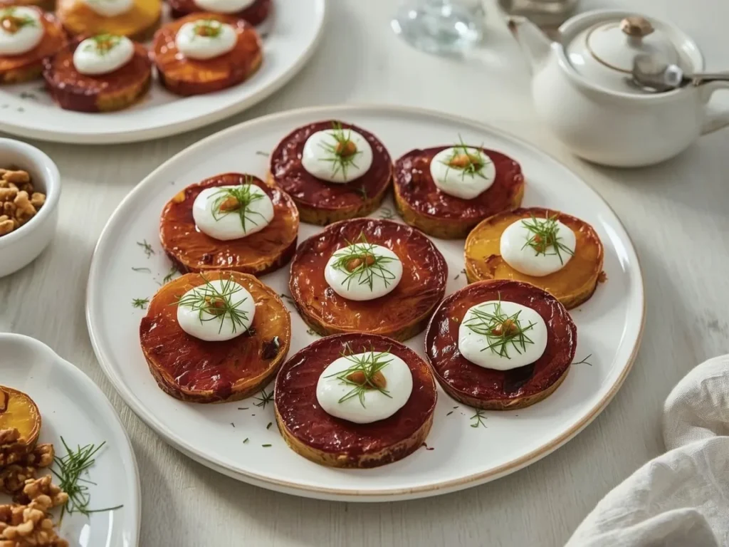 Roasted beet rounds topped with whipped goat cheese, walnuts and dill