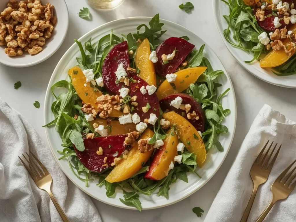 Roasted beet and goat cheese salad with arugula and walnuts