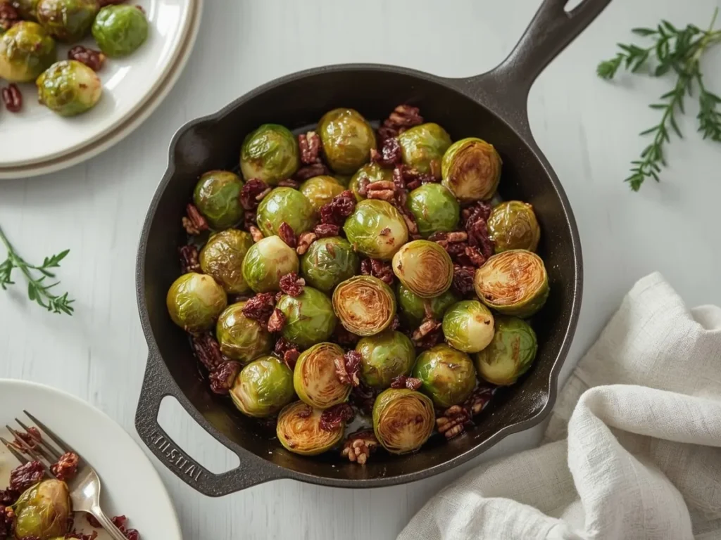Roasted Brussels sprouts with cranberries and pecans in a cast-iron skillet