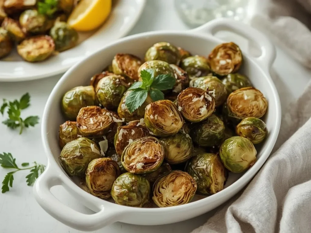 Roasted Brussels sprouts with Parmesan and lemon zest in a shallow ceramic dish