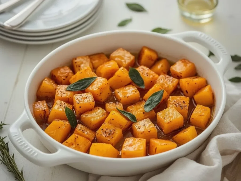 Roasted butternut squash with maple and sage in a white baking dish