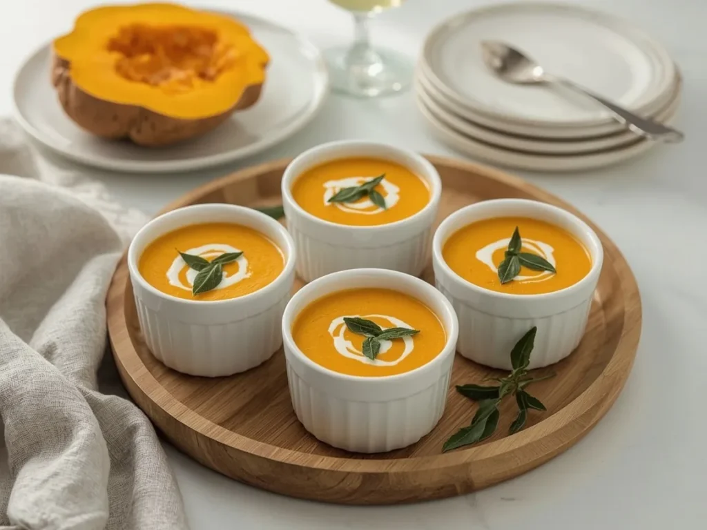 Butternut squash soup shooters in small ceramic cups with crème fraîche and sage