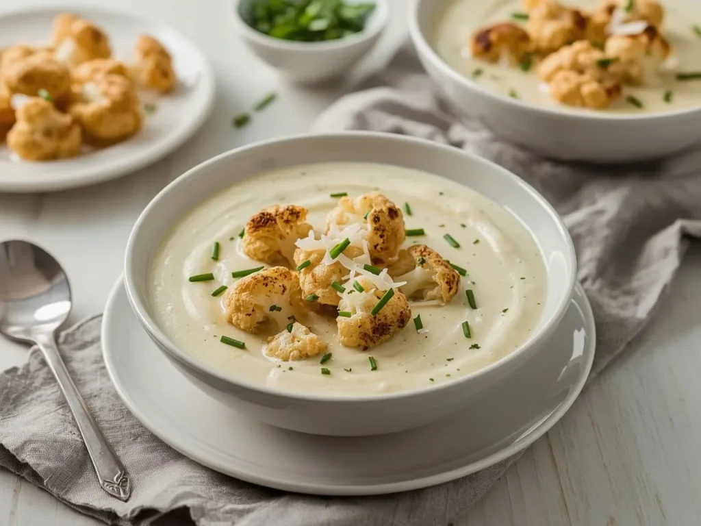 Roasted cauliflower soup topped with roasted florets, parmesan and chives
