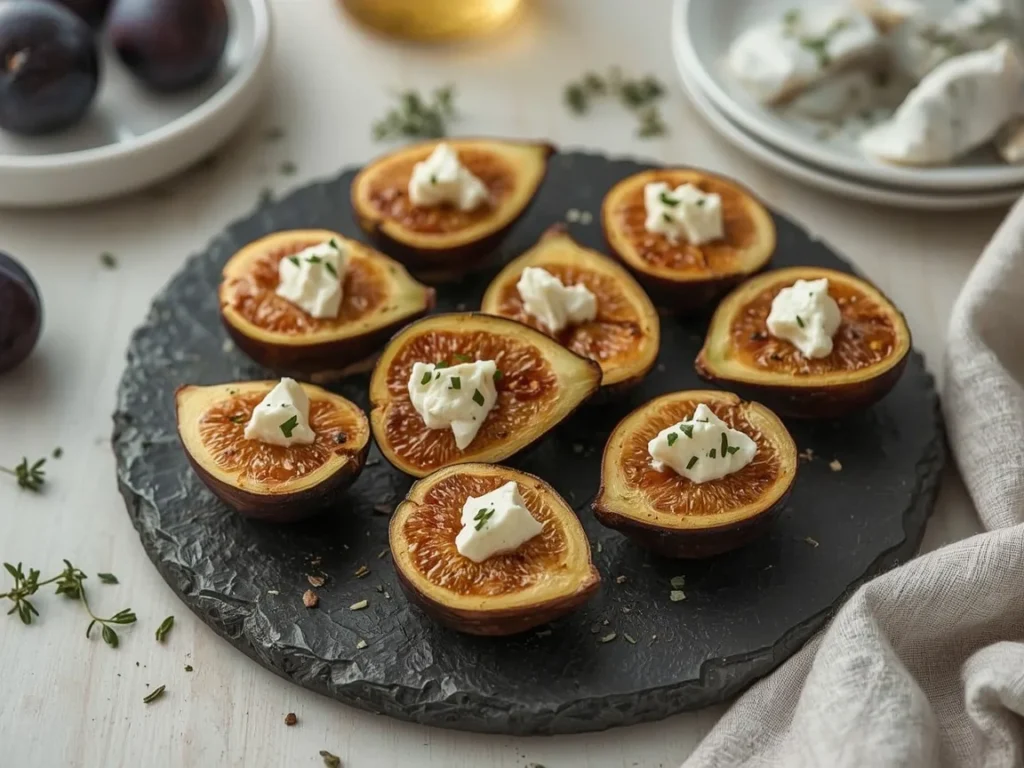 Roasted figs topped with gorgonzola and honey on a slate board