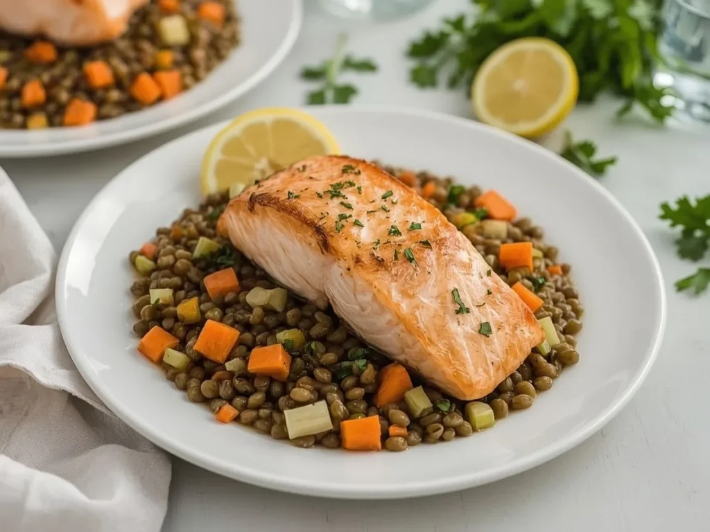 Roasted salmon on French green lentils with vegetables and lemon
