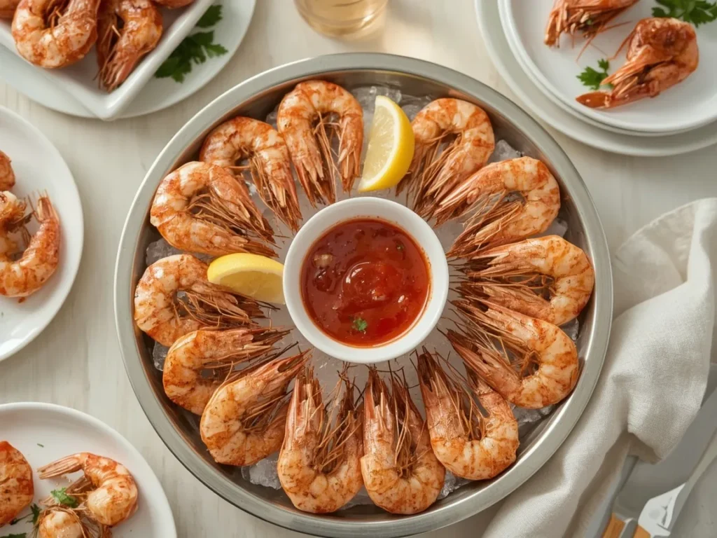 Roasted shrimp on crushed ice with a bowl of cocktail sauce and lemon wedges