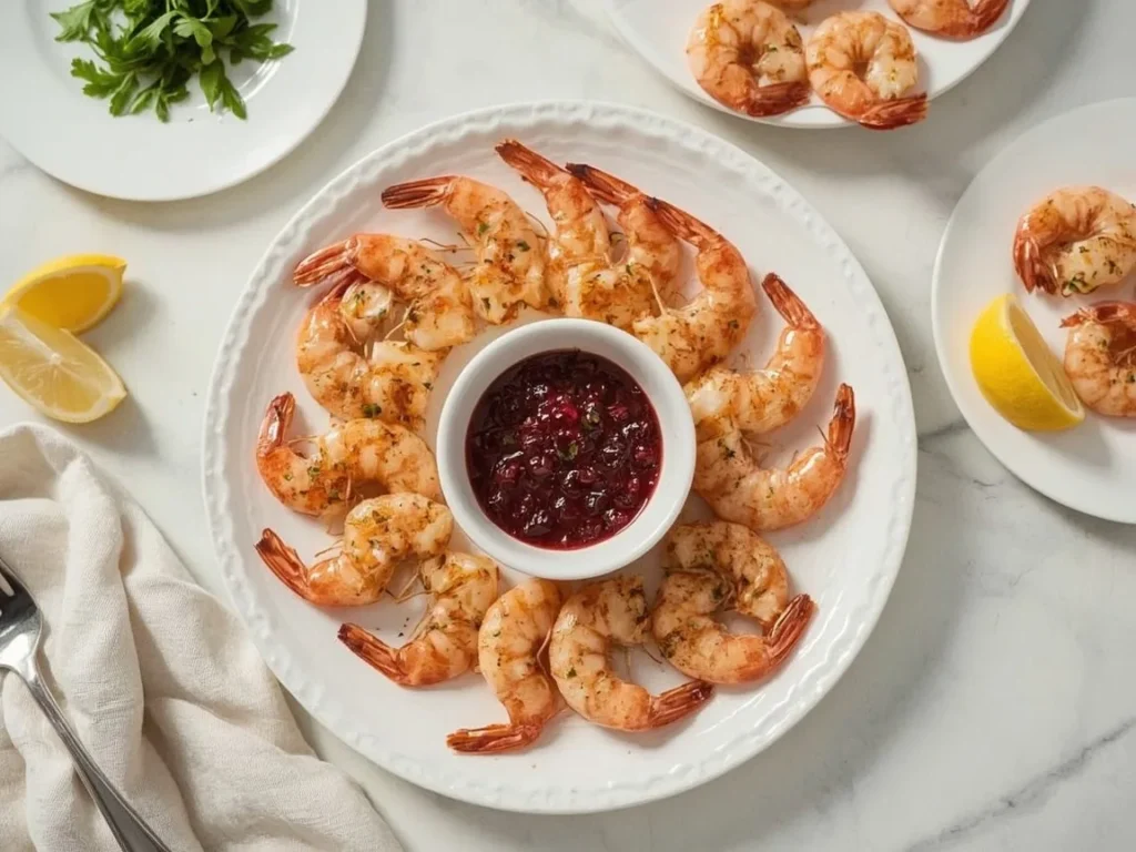 Roasted shrimp with cranberry horseradish sauce and lemon wedges
