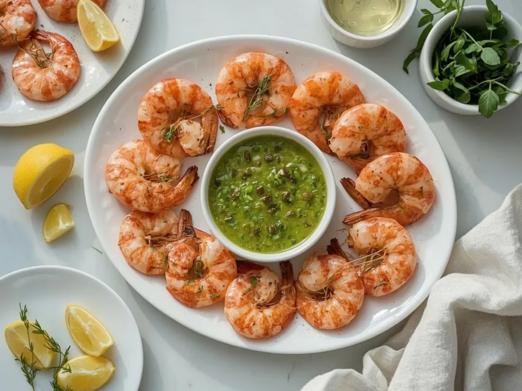 Roasted shrimp with a bowl of green salsa verde and lemon wedges