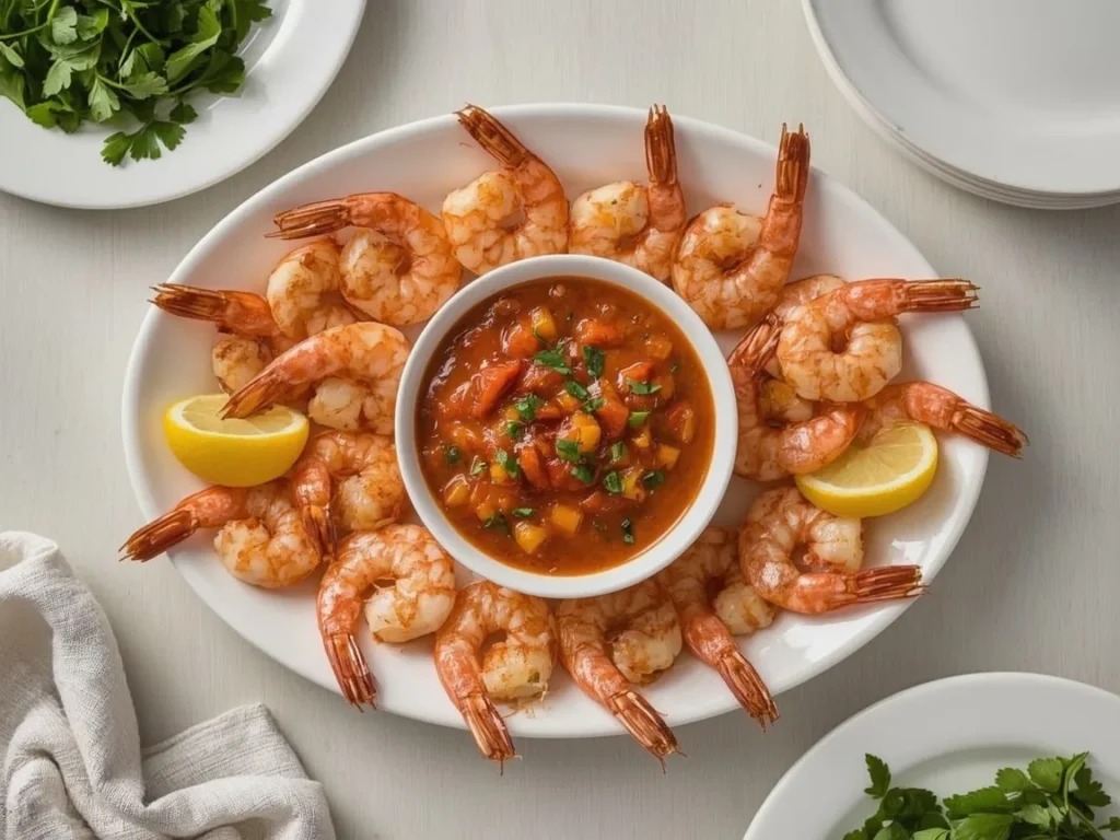 Roasted shrimp on a white platter with smoky red pepper sauce and lemon wedges