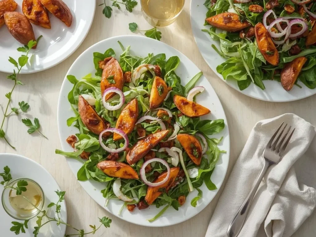 Roasted sweet potato salad with frisée and maple pepitas