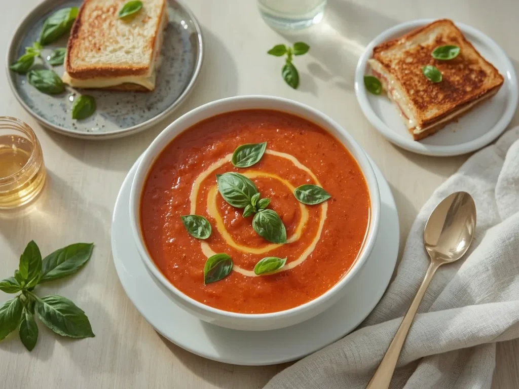 Roasted tomato basil soup with basil leaves and a grilled cheese sandwich