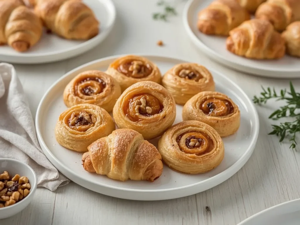 Golden rugelach crescents with apricot jam, walnuts and cinnamon sugar on a white plate