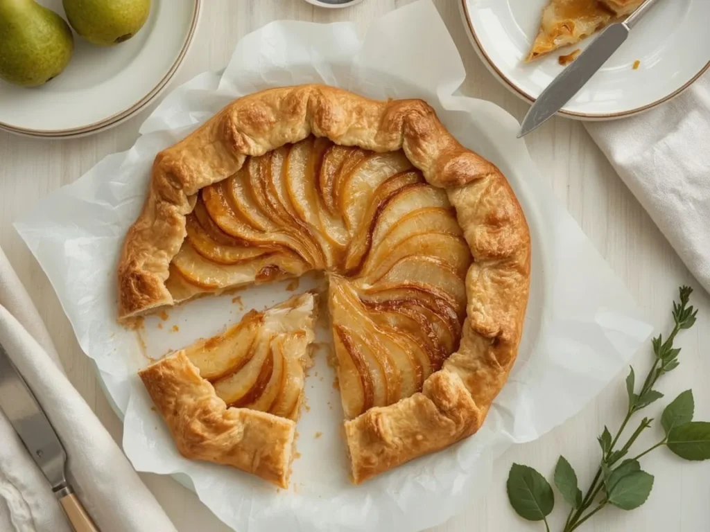 Rustic pear galette with golden crust and caramelized pear slices