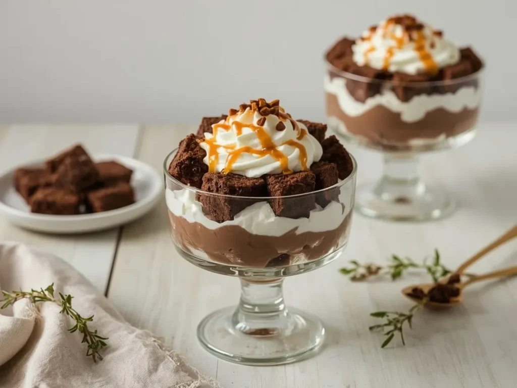 Salted caramel brownie trifle with chocolate pudding and whipped cream
