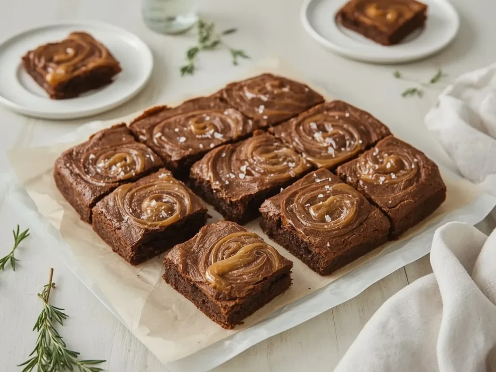 Salted caramel brownies with caramel swirls cut into squares