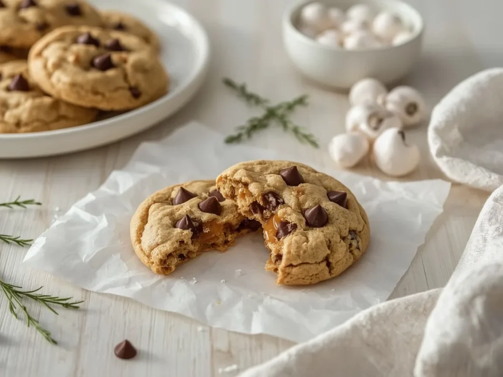 Salted caramel chocolate chip cookies with flaky salt