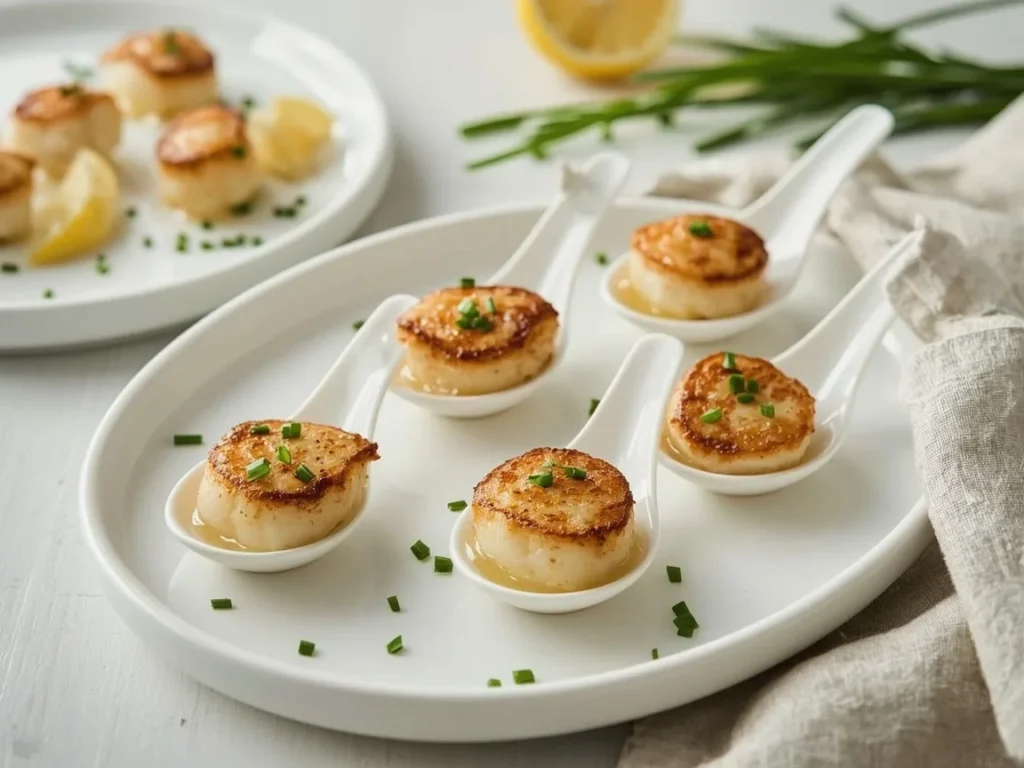 Seared scallops with lemon-herb butter on white tasting spoons