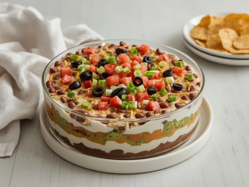 Seven-layer bean dip in a glass dish with tortilla chips