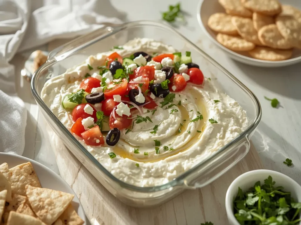 Seven-layer Mediterranean dip with hummus, feta, olives and tomatoes in a glass dish