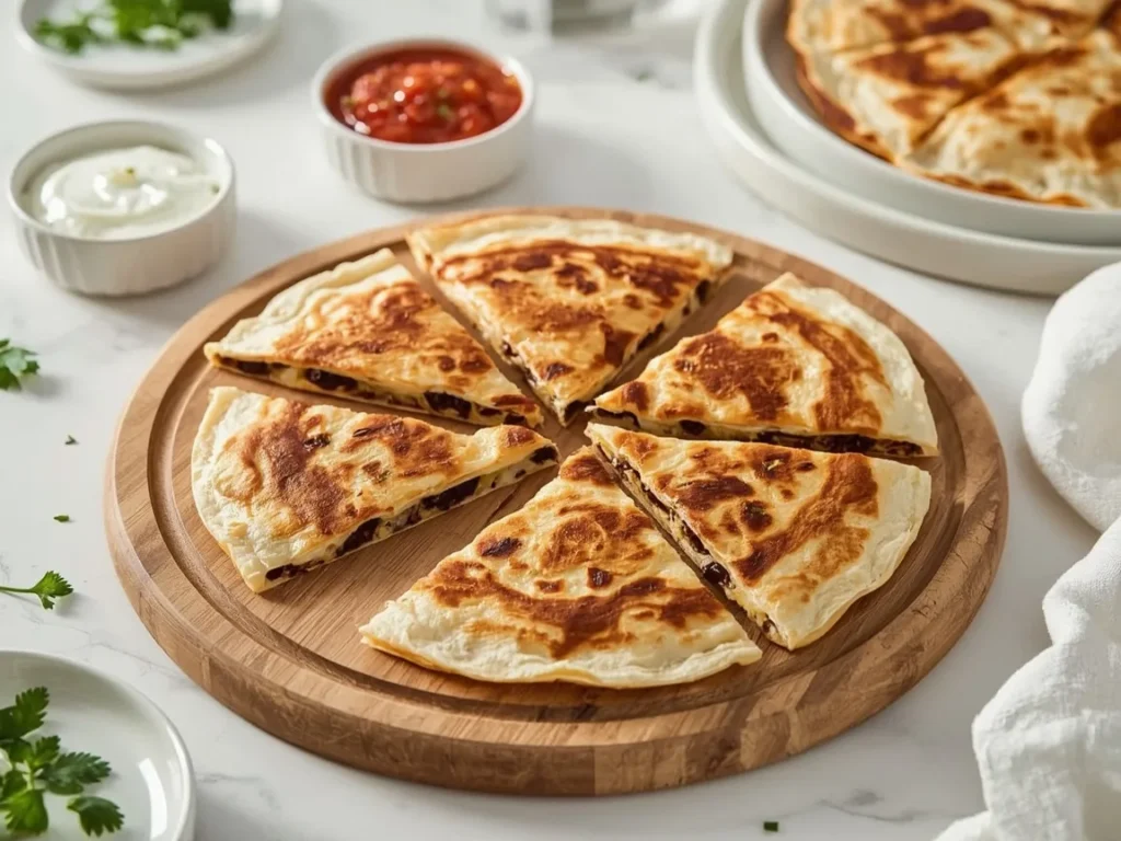 Sheet-pan black bean and cheese quesadilla wedges with salsa and sour cream
