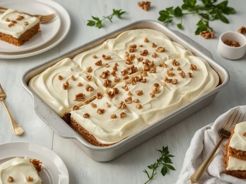 Carrot sheet cake with cream cheese frosting in a half sheet pan